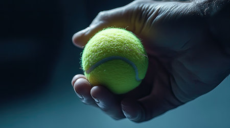 A vivid close-up image showcasing a human hand gently holding a bright yellow tennis ball. The soft texture and dramatic lighting emphasize the sport's excitement and energy.の素材
