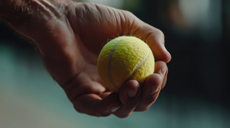 A close-up image of a hand gripping a vibrant yellow tennis ball, showcasing its fuzzy texture and warm light, emphasizing the sport's energy and fun.の素材