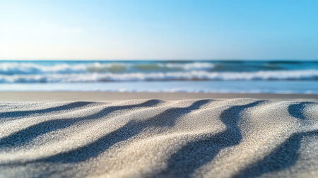 This captivating beach scene features soft sand undulating in the foreground, with gentle ocean waves lapping at the shore under a serene blue sky.の素材