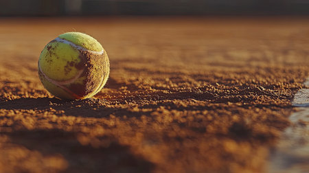 This close-up image features a tennis ball resting on a dusty clay court, highlighting the textures and colors typical of outdoor sports.の素材