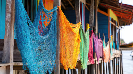 This image captures an array of colorful fishing nets hanging from a wooden structure in a rustic coastal village, showcasing local craftsmanship and vibrant life by the water.の素材