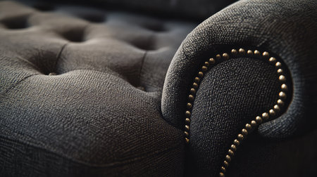 A stunning close-up image of a tufted black sofa arm, showcasing intricate details, rich texture, and decorative gold studs, perfect for interior design inspiration.の素材