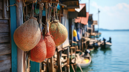 Colorful fishing nets dangle from rustic wooden structures in a serene coastal village, creating a picturesque scene under a clear blue sky.の素材