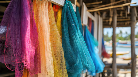 This image features brightly colored fishing nets elegantly displayed on a rustic wooden structure, capturing the essence of coastal life and craftsmanship.の素材