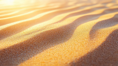 Captivating close-up of golden sand waves illuminated by gentle sunlight, showcasing serene desert beauty and natural textures in a tranquil setting.の素材