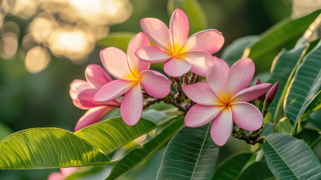 This close-up image features beautiful pink frangipani flowers with vibrant petals against lush green leaves, set in a peaceful natural background.の素材