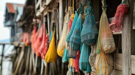 A captivating arrangement of colorful fishing nets displayed on a wooden structure by the water's edge, showcasing the vibrant coastal lifestyle and traditional fishing practices.の素材