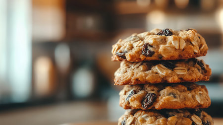 A stack of freshly baked oatmeal cookies with raisins sits on a rustic wooden plate, showcasing delicious textures and inviting warmth in a cozy kitchen atmosphere.の素材