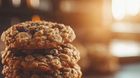 A stack of soft and chewy oatmeal cookies with raisins sits on a rustic wooden table, beautifully lit by warm light, perfect for snack lovers.の素材