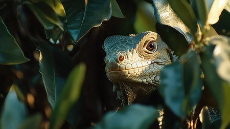 This captivating image features a lizard camouflaged among lush green leaves, captured during the golden hour, showcasing its intricate features and textures.の素材