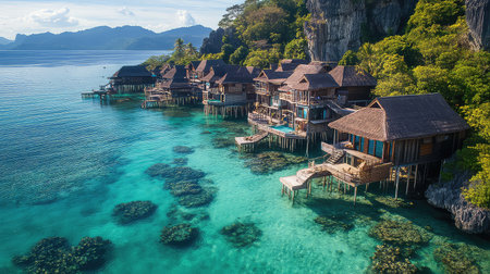 This breathtaking aerial view captures a tropical resort set on stilts over crystal clear waters, surrounded by lush greenery and rocky cliffs. Ideal for travel enthusiasts.の素材