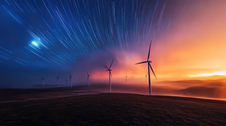 This stunning image captures wind turbines standing tall under a breathtaking sky filled with vibrant sunset colors and dynamic star trails.の素材