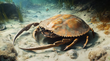 A stunning realistic depiction of a large crab on the ocean floor, surrounded by colorful marine life and textures, capturing the essence of underwater ecosystems.の素材