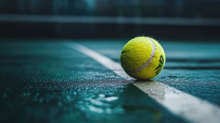 A vibrant close-up of a tennis ball resting on a wet court, showcasing water drops and a court line, capturing the essence of sport and nature.の素材