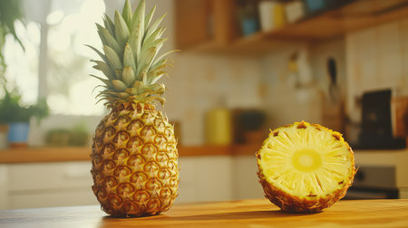 A whole fresh pineapple sits beside a sliced half on a wooden table, showcasing a vibrant interior. The bright kitchen provides a cheerful backdrop.の素材