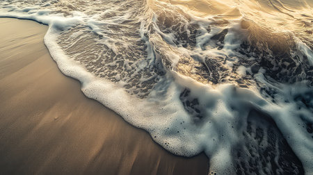 Experience the beauty of a serene beach at sunset, where gentle ocean waves meet golden sands, creating a tranquil coastal atmosphere filled with soft textures.の素材