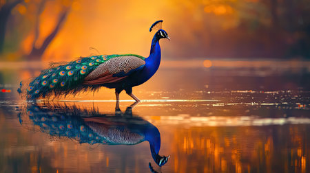 A stunning peacock walks gracefully on calm water at sunrise, creating a perfect reflection amid vibrant autumn colors, embodying nature's beauty.の素材