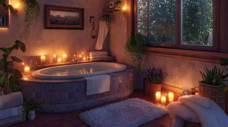 An inviting bathroom space featuring a warm ambiance created by soft lighting and candles, perfect for relaxation and self-care moments.の素材