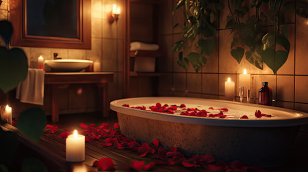 This serene bathroom captures a cozy and romantic atmosphere with rose petals scattered across the tub, flickering candles, and soft lighting, perfect for relaxation and pampering.の素材