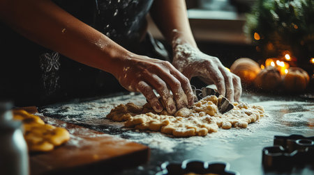 A charming scene of hands skillfully crafting homemade cookies on a flour-dusted countertop, embodying warmth and creativity in the cozy kitchen.の素材