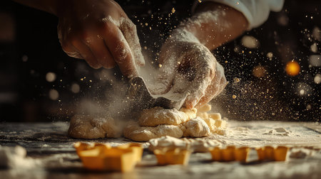 A baker's hands expertly knead dough on a flour-dusted countertop, showcasing the artistry of baking. Nearby, baking tools and molds hint at the delicious treats being prepared in a warm, inviting kitchen setting.の素材