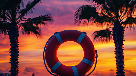 A striking sunset scene featuring a bright lifebuoy and tall palm trees, creating a coastal safety symbol against a breathtaking, colorful sky.の素材