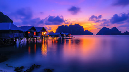 A stunning view of overwater bungalows set against majestic mountains features a vibrant sunset casting enchanting colors across the calm water.の素材