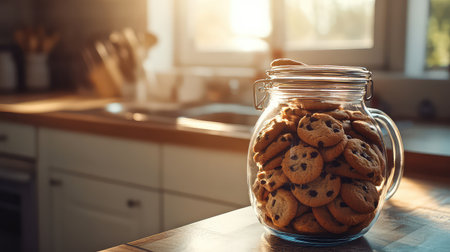 A jar brimming with freshly baked chocolate chip cookies sits on a wooden kitchen counter, basking in warm sunlight, creating a cozy and inviting atmosphere.の素材
