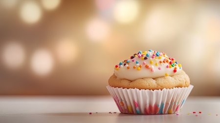 A delightful vanilla cupcake topped with creamy frosting and colorful sprinkles, set against a softly blurred background. Perfect for dessert themes!の素材