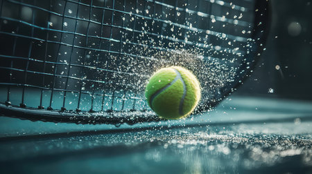 A striking close-up view of a tennis ball making contact with the court surface, creating a dramatic water splash against the net backdrop, capturing dynamic action.の素材