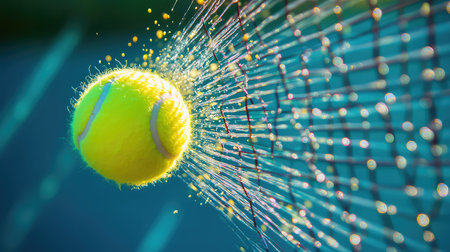 A vibrant tennis ball captured in mid-air as it strikes the net, creating a stunning display of sprays and dynamic motion effects in a colorful outdoor setting.の素材