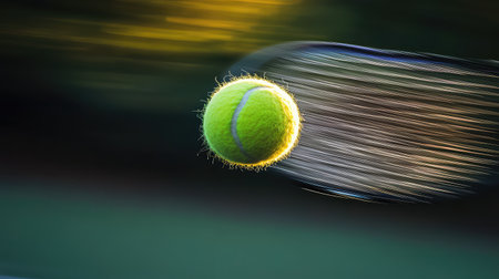 An exciting shot capturing a tennis ball in mid-air with dynamic motion blur, showcasing the energy and movement of the game. Perfect for sports-themed projects.の素材