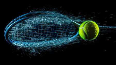 Captivating image of a tennis racket striking a vibrant yellow ball, creating a dramatic water splash effect against a dark background, showcasing dynamic energy.の素材