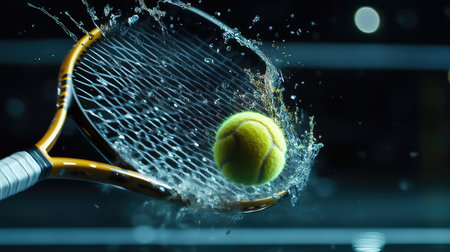 A stunning capture of a tennis racket striking a vivid yellow ball, creating a spectacular splash of water, encapsulating energy and action in sports.の素材