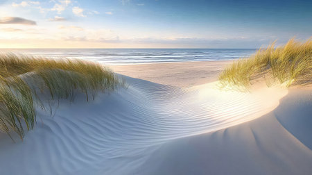 A tranquil coastal scene showcasing soft sand dunes adorned with grass, gentle waves lapping the shore, and a serene sky at sunset. Perfect for nature lovers.の素材