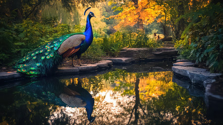 A stunning peacock stands gracefully beside a serene pond, reflecting vibrant colors of the surrounding lush greens and autumn leaves in a tranquil garden.の素材