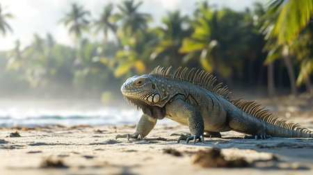 An iguana crawls across a sandy beach in a tropical setting, surrounded by palm trees and a gentle ocean breeze, capturing the essence of wildlife in nature.の素材