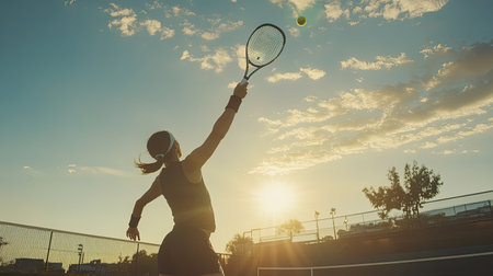A captivating silhouette of a female tennis player serving at sunset, showcasing her athleticism and focus against a vibrant sky and tennis court.の素材