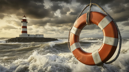 A striking lifebuoy hangs prominently in the foreground, contrasting against a distant lighthouse surrounded by dramatic ocean waves under a stormy sky.の素材