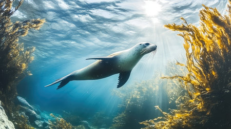 A captivating underwater scene showcases a seal swimming gracefully amidst vibrant kelp in crystal clear ocean waters, illuminated by sunlight.の素材