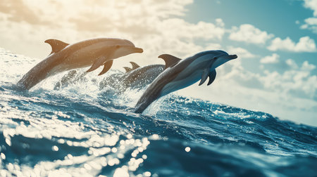A stunning scene of dolphins joyfully leaping above vibrant ocean waves. The bright sky and fluffy clouds enhance the natural beauty of this playful marine moment.の素材