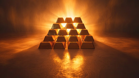 A stunning arrangement of gold bars forms a pyramid shape, illuminated by soft lighting that enhances their shine. The reflective surface adds depth to the scene, evoking a sense of luxury and wealth.の素材