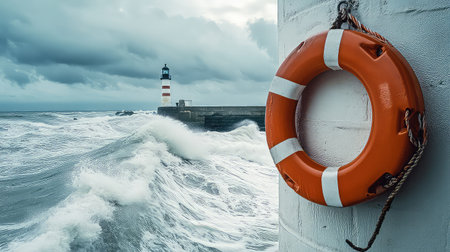 A striking seascape featuring a lighthouse and an orange lifebuoy alongside fierce waves under a moody sky, capturing nature's raw power and beauty.の素材