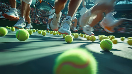 A vibrant scene capturing the energy of a tennis match with players in motion, scattering bright green tennis balls across the court, highlighting the thrill of competition.の素材