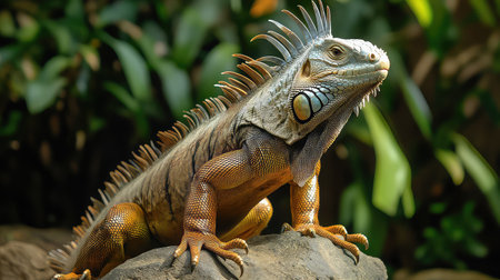 A stunning portrait of an iguana perched on a rock, showcasing intricate textures and vibrant colors against lush green foliage in a natural setting.の素材