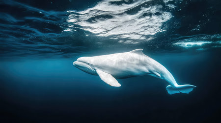 A stunning white dolphin glides effortlessly through the clear blue waters of the ocean, basking in the serenity of its underwater environment and natural habitat.の素材