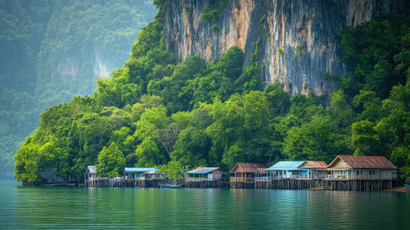 A stunning view of traditional stilt houses set against a backdrop of lush greenery and rocky cliffs, capturing the serene essence of coastal living.の素材