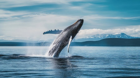 A breathtaking moment captured as a humpback whale breaches the ocean's surface, creating an impressive splash against a serene backdrop.の素材