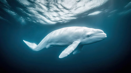 A stunning image showcasing a beluga whale gliding effortlessly through the deep blue ocean, capturing its serene beauty and grace in a natural environment.の素材