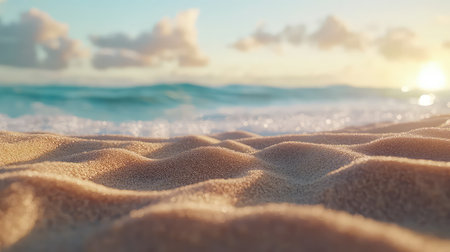 A serene view of a beach shoreline featuring golden sand and gentle waves under a soft sunset light. The scene exudes tranquility and warmth.の素材